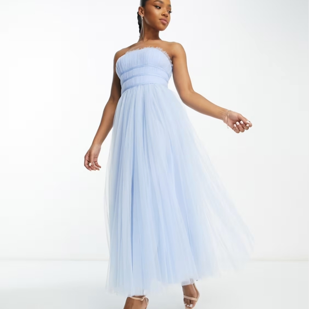 ASOS DESIGN Bridesmaid tulle channeled bodice tulle maxi dress in light blue